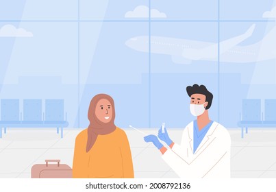 PCR Testing At Airport Poster. Travelling With Fit To Fly Certificate. Covid Test Before Departure Or On Arrival. A Male Doctor Wearing Face Mask Takes Nasal Swab Sample From Muslim Traveller. Vector.