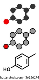 P-cresol (para-cresol, 4-methylphenol) molecule. Component of human sweat. Stylized 2D renderings and conventional skeletal formula. 