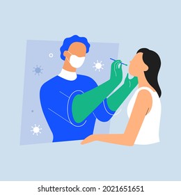 PCR-test in testing booth, rapid walk-through medical exam, doctor collecting specimen through screen with nasal swab in protective gloves in mobile cabin, female patient, vector cartoon illustration