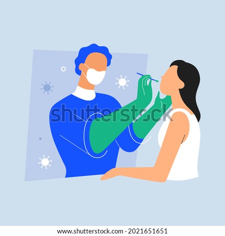 PCR-test in testing booth, rapid walk-through medical exam, doctor collecting specimen through screen with nasal swab in protective gloves in mobile cabin, female patient, vector cartoon illustration