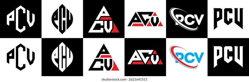 Diseño del logotipo de la letra de PCV en seis estilos. Polígono de PCV, círculo, triángulo, hexágono, estilo plano y simple con logo de letra de variación de color blanco y negro en una mesa de trabajo. Logotipo minimalista y clásico de PCV
