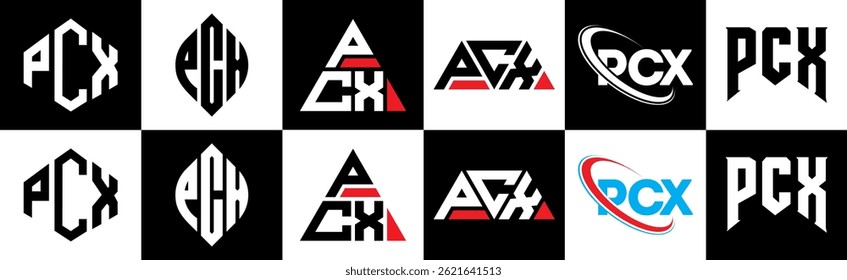 PCX letter logo design in six style. PCX polygon, circle, triangle, hexagon, flat and simple style with black and white color variation letter logo set in one artboard. PCX minimalist and classic logo