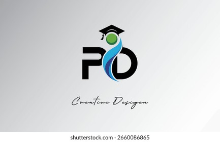 Logotipo de carta criativa PD com tampa de graduação e humano abstrato - Educação moderna e design de símbolo de aprendizagem