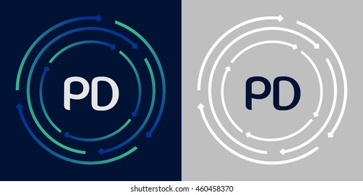 PD design template elements in abstract background logo, design identity in circle, letters business logo icon, blue/green alphabet letters, simplicity graphics
