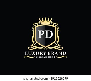 PD Initial Letter, Gold Text mit feminin floralem handgezeichnet heraldischen Monogramm, antike Vintage Stil Luxus Logo Design.