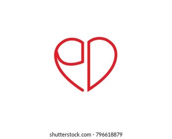 PD initial logo letter with heart shape red colored, logo design for wedding invitation, wedding name and business name.