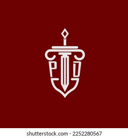 PD initial logo monogram design for legal lawyer vector image with sword and shield