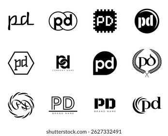 PD logo company template. Letter p and d logotype. Set different classic serif lettering and modern bold text with design elements. Initial font typography. Collection trendy business identity.