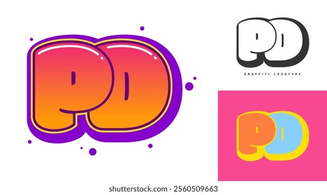 PD logo design for festival or party. Initial letter p and d in graffiti style. Creative modern lettering company name of font typography. Kids trendy logotype or identity. Vector illustration.