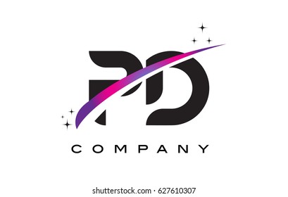 PD P D Black Letter Logo Design with Purple Magenta Swoosh and Stars.