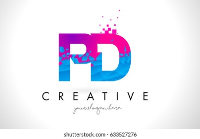 PD P D Letter Logo with Broken Shattered Blue Pink Triangles Texture Design Vector Illustration.