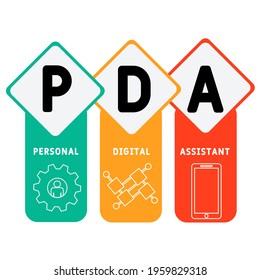 PDA - Personal Digital Assistant acronym. business concept background.  vector illustration concept with keywords and icons. lettering illustration with icons for web banner, flyer, landing page