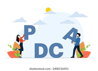 Concepto de ciclo de PDCA, gestión de procesos de trabajo para mejorar, planificar, hacer, revisar y acatar el concepto. los planes de pdca realizan controles de acción con palabras o textos de gran tamaño y equipos de personas. ilustración vectorial