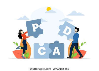 PDCA Cycle Concept, managing work processes for better improvement, Plan, Do, Check and Act Concept. pdca plans perform action checks with words or large texts and teams of people. vector illustration
