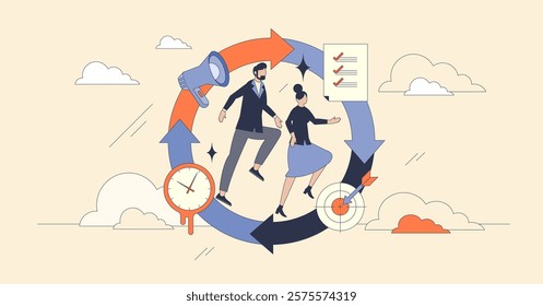 PDCA cycle depicted with people, arrows, and checklist, illustrating continuous improvement in Neubrutalism style.