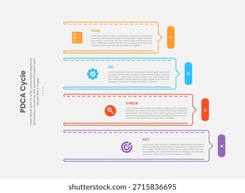 Estilo de esquema de infografía de marco de ciclo PDCA con Plantilla de 4 puntos con pila de Vertical de rectángulo de esquema con flecha en el borde para el Vector de presentación de diapositivas