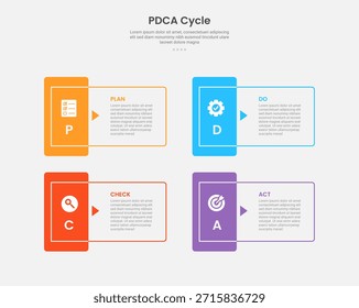 Estilo de esquema de infografía de marco de ciclo PDCA con Plantilla de 4 puntos con forma de rectángulo afilado con insignia de Vertical en el borde para el Vector de presentación de diapositivas