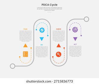 Estilo de contorno de infografía del marco de ciclo PDCA con Plantilla de 4 puntos con recorrido de carretera hacia arriba y hacia abajo en dirección de línea para el Vector de presentación de diapositivas