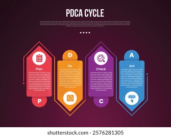 PDCA cycle infographic template with creative arrow box shape with outline up and down dark background style with 4 point for slide presentation vector