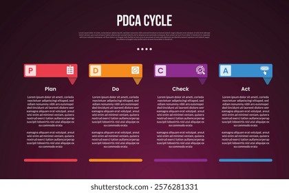 PDCA cycle infographic template with creative header table with footer dark background style with 4 point for slide presentation vector