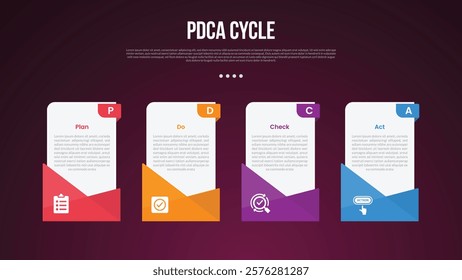 PDCA cycle infographic template with vertical box table with creative footer design dark background style with 4 point for slide presentation vector