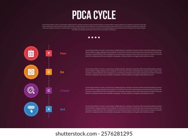 PDCA cycle infographic template with vertical timeline circle style dark background style with 4 point for slide presentation vector
