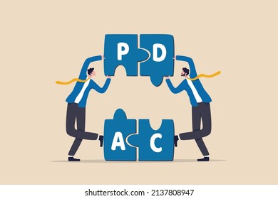 PDCA cycle to manage working process for continuous improvement and get better work quality, Plan, Do, Check and Act concept, businessman coworker help complete jigsaw puzzle loop with alphabets PDCA.