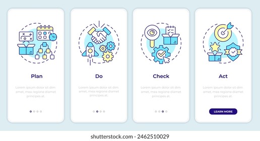 PDCA cycle onboarding mobile app screen. Plan do check act. Walkthrough 4 steps editable graphic instructions with linear concepts. UI, UX, GUI template. Montserrat SemiBold, Regular fonts used