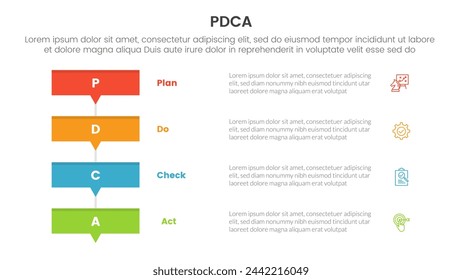 pdca management business continual improvement infographic 4 point stage template with rectangle box stack with small arrow bottom for slide presentation