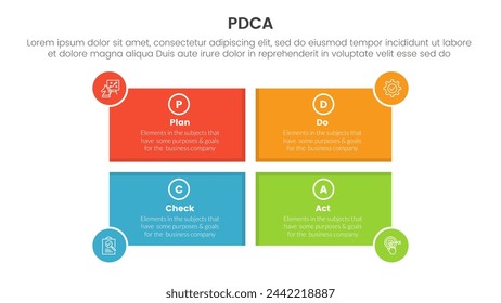 pdca management business continual improvement infographic 4 point stage template with rectangle shape and circle badge on edge for slide presentation