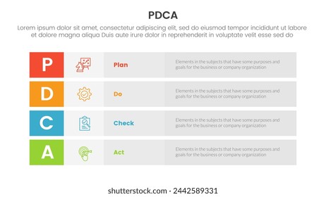 plantilla de etapa de 4 puntos de infografía de mejora continua del negocio de gestión de pdca con la pila larga del rectángulo de la caja para la presentación de la diapositiva