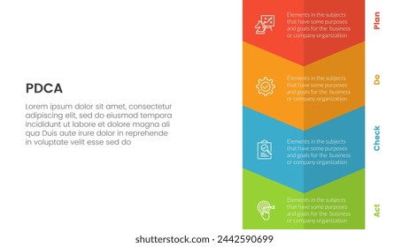 pdca management business continual improvement infographic 4 point stage template with vertical arrow bottom direction for slide presentation
