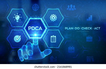 PDCA. Plan Do Check Act Business management technology concept on virtual screen. Wireframe hand touching digital interface. Vector illustration.