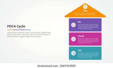 PDCA plan do check act framework infographic concept for slide presentation with arrow top direction and box stack structure with 4 point list with flat style vector