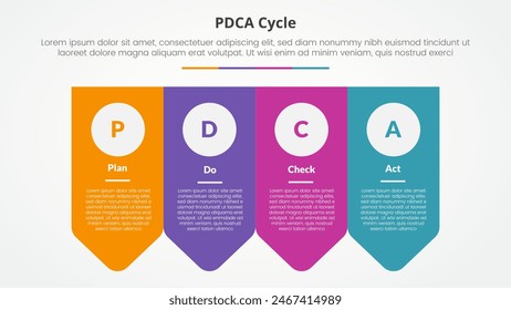 PDCA plan do check act framework infographic concept for slide presentation with arrow badge shape bottom direction with 4 point list with flat style vector