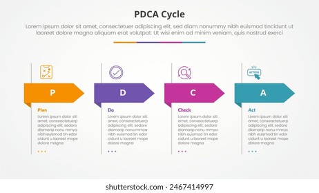 PDCA plan do check act framework infographic concept for slide presentation with big header arrow shape with 4 point list with flat style vector