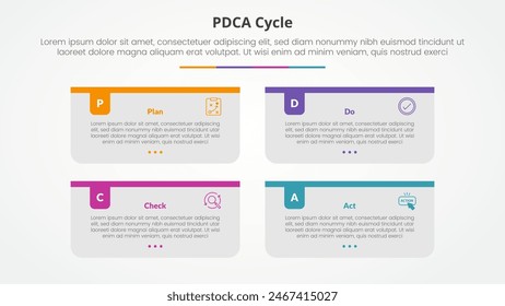 PDCA plan do check act framework infographic concept for slide presentation with long rectangle box container with colorful badge header with 4 point list with flat style vector