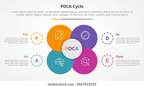 PDCA plan do check act framework infographic concept for slide presentation with big flower center circle venn combination with 4 point list with flat style vector