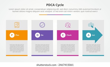 PDCA plan do check act framework infographic concept for slide presentation with big box and arrow shape through with 4 point list with flat style vector