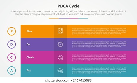 PDCA plan do check act framework infographic concept for slide presentation with box table fullpage colorful with 4 point list with flat style vector