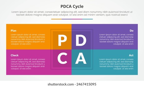 PDCA plan do check act framework infographic concept for slide presentation with box table combination on center with 4 point list with flat style vector