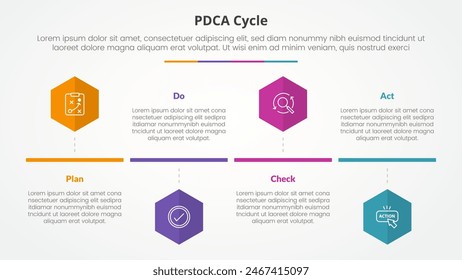 Concepto infográfico del Plan de PDCA do check act framework para la presentación de diapositivas con forma hexagonal o hexagonal estilo de línea de tiempo con lista de 4 puntos con Vector de estilo plano