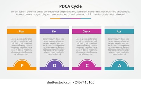 PDCA plan do check act framework infographic concept for slide presentation with box table and half circle badge at bottom with 4 point list with flat style vector