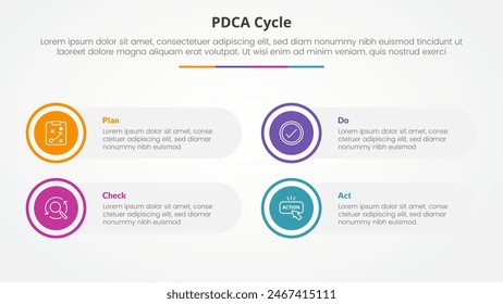 PDCA plan do check act framework infographic concept for slide presentation with big circle on outline with round rectangle box with 4 point list with flat style vector