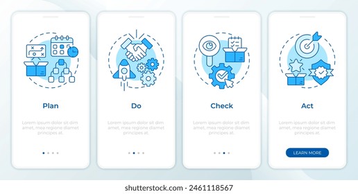 PDCA system blue onboarding mobile app screen. Walkthrough 4 steps editable graphic instructions with linear concepts. UI, UX, GUI template. Montserrat SemiBold, Regular fonts used