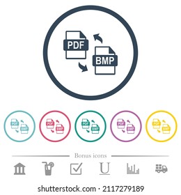 PDF BMP file conversion flat color icons in round outlines. 6 bonus icons included.