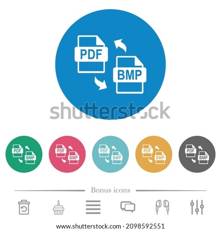 PDF BMP file conversion flat white icons on round color backgrounds. 6 bonus icons included.