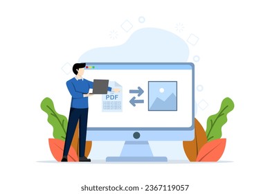 PDF conversion concept. PDF converter from jpg, Convert PDF to document file. Screen with the process of changing or converting a document to another format. Mobile converter technology. Illustration.