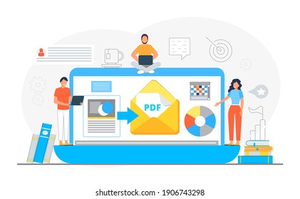 PDF converter from jpeg, word document concept. Screen with changing or converting process of document to another format. Flat vector illustration for app, website, banner, landing page.