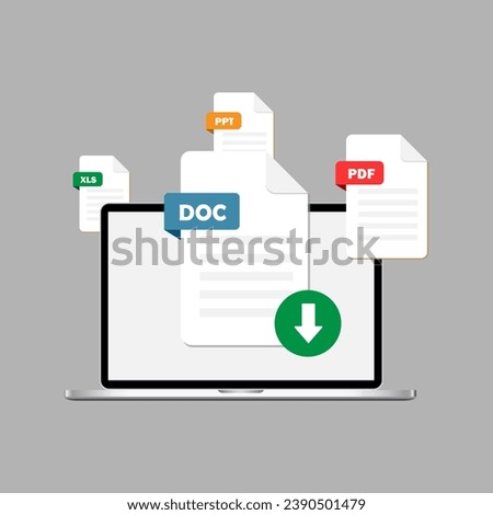 PDF, DOC, XLS, PPT file download icon. Download files on laptop. Text document, web symbol. Document icon set